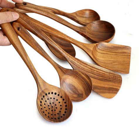 Natural Wood Tableware Bamboo Utensils Tool Spoon Ladle Turner Long Rice Colander Soup Skimmer ...