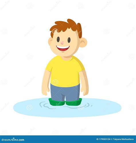 Happy Boy Standing Knee-deep In A Puddle, Cartoon Character Design. Flat Vector Illustration ...