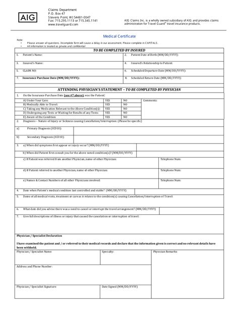 Medical Certificate - Aig Claims Download Printable PDF | Templateroller