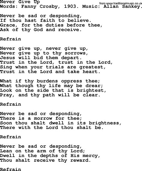 Never Give Up, by Fanny Crosby - hymn lyrics