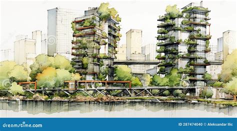 Modern Eco Friendly City Sketch Drawing. Sustainable, Green Energy ...