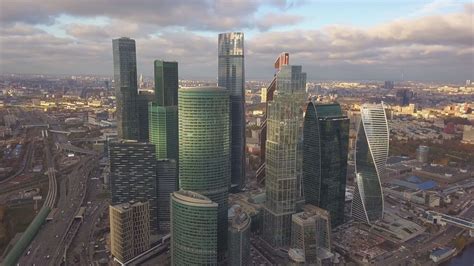 Moscow City skyscrapers, aerial view. Clip. Office business center of ...