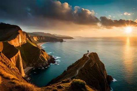 Premium AI Image | A sunset view of a cliff with a man standing on the ...