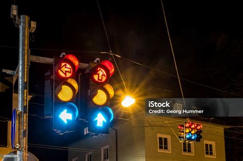 Red Yellow Green Traffic Light At Night Stock Photo - Download Image ...