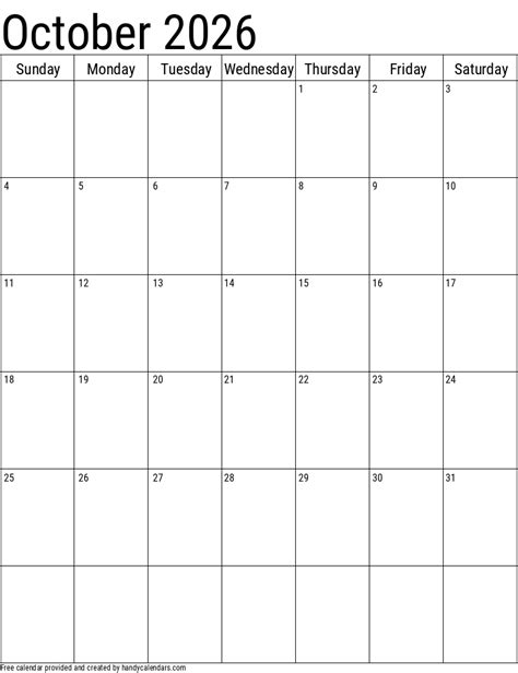 2026 October Calendars - Handy Calendars