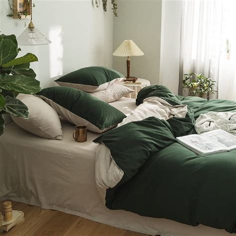 Dark Green Duvet Cover Set Twin Size Reversible Cream Beige Bedding Set Times Ultra Soft ...