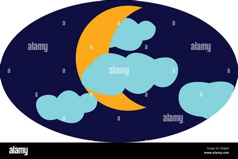 A yellow crescent moon behind blue clouds in the dark night sky, vector, color drawing or ...
