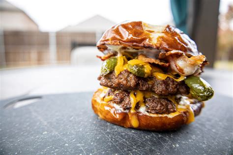 Jalapeno Bacon Ranch Burger on a Buttery Toasted Pretzel Bun | Ranch burgers, Stuffed jalapenos ...