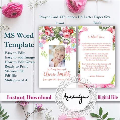 Floral Funeral Prayer Card Template Word Funeral Prayer - Etsy