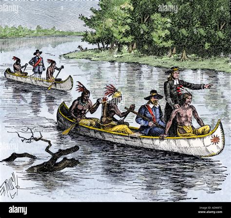 Jacques Marquette and Louis Joliet on the upper Mississippi River in canoes 1673. Hand-colored ...