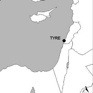 Map of the eastern Mediterranean with location of Tyre, Lebanon ...