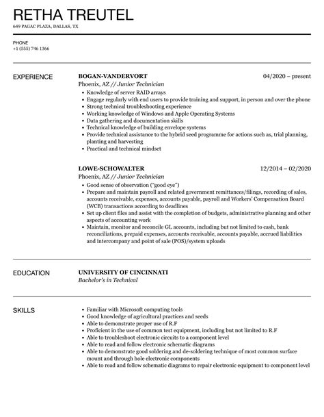 Junior Technician Resume Samples | Velvet Jobs