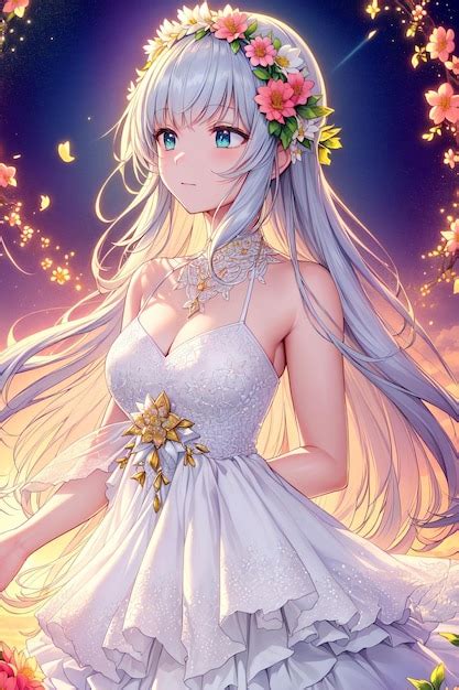 Premium AI Image | Anime girl with white hair wearing white dress on a bright background