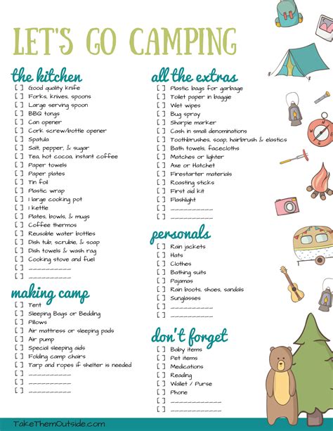 Kid's Doodle Overnight CAMP Out Packing List PRINTABLE