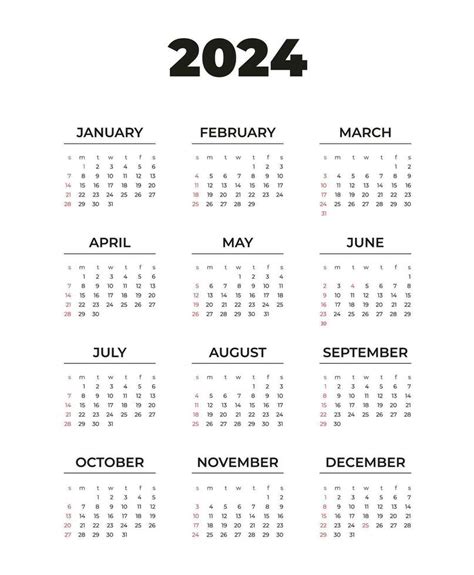 Calendar 2024, template, week starts on Sunday, on white background ...