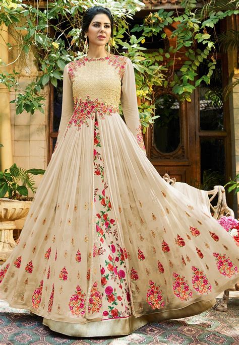 Embroidered Georgette Jacket Style Lehenga in Light Beige | Indian ...