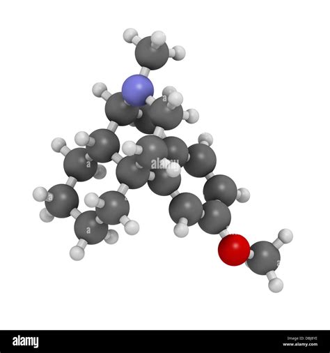 Dextromethorphan cough suppressant drug (antitussive), chemical structure. Atoms are represented ...