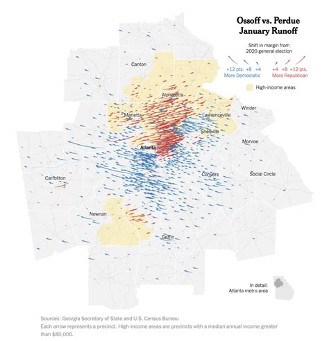 Map of the voting in Georgia, the runoff vs. the general election ...