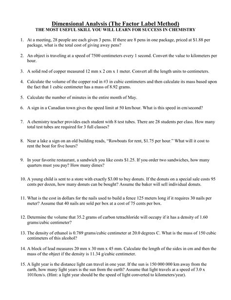 Dimensional Analysis Worksheet