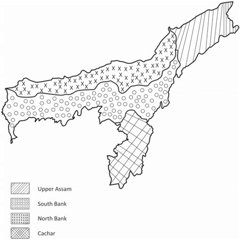 Map of Assam depicting the four tea growing regions of Assam viz ...