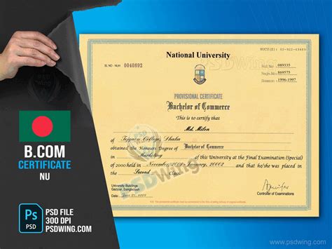 Degree Certificate NU 2000 PSD Template - Bangladesh National University - Bachelor of Commerce ...