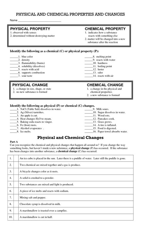 Physical And Chemical Change Worksheets