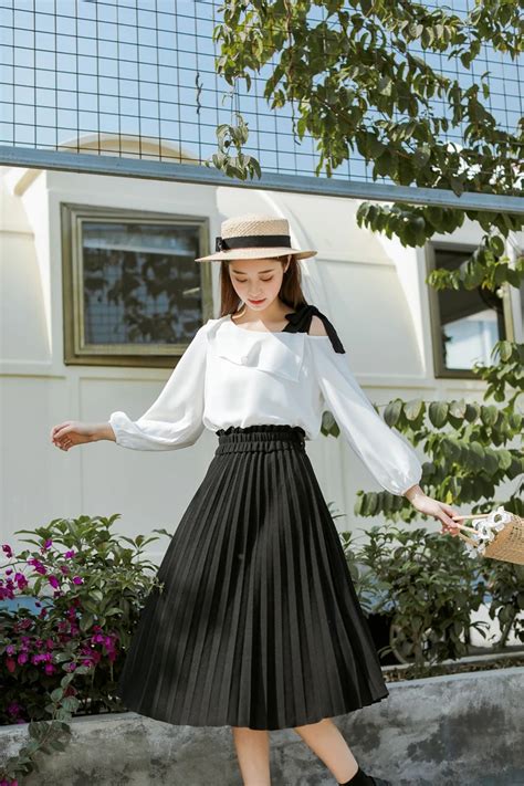 Casual Pleated Summer Skirt Chic Vintage Black Elastic Waistband A ...