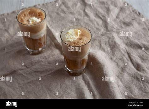 Homemade Ice Cream Float with Cola. Sweet Refreshment Drink, side view. Space for text Stock ...