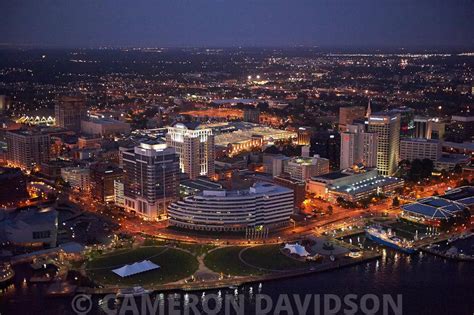 AerialStock | Downtown Norfolk Virginia at night.