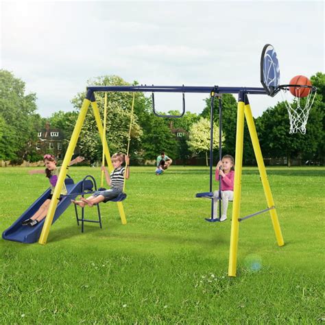 Metal Swing Set for Outside, 5 in 1 Kids Backyard Swing Set with Slide ...