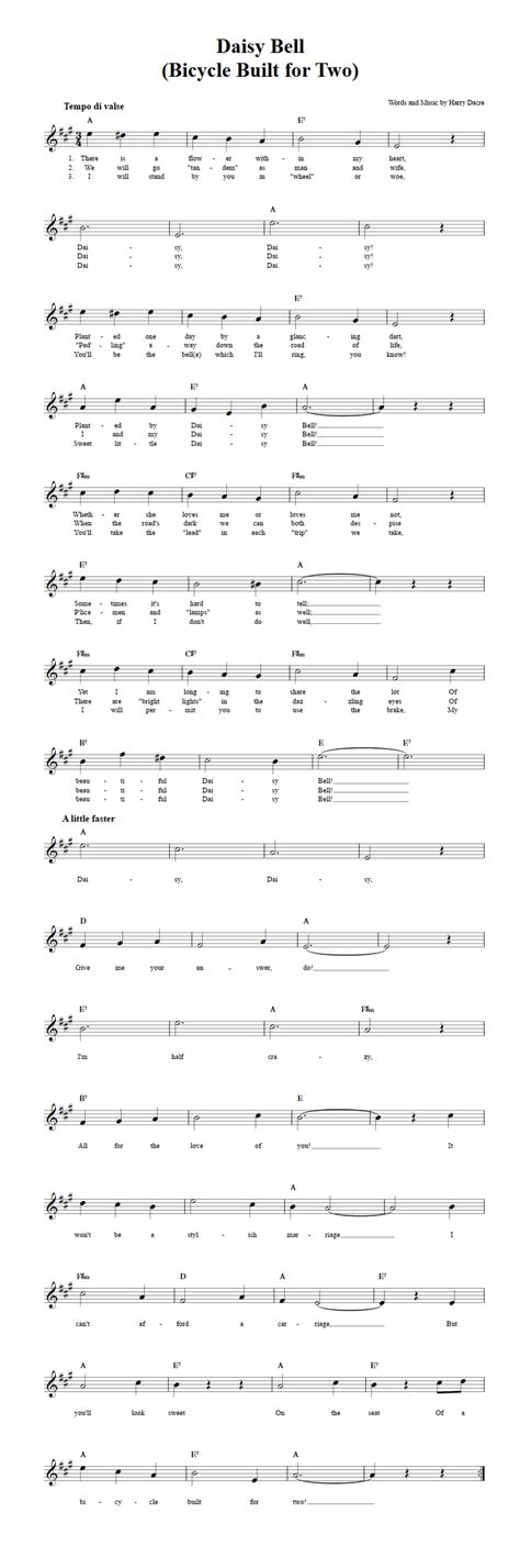 Daisy Bell B-Flat Instrument Sheet Music (Lead Sheet) with Chords and Lyrics