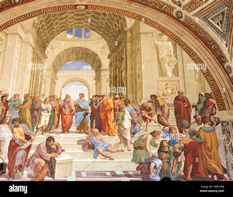 The School of Athens featuring the philosophers Plato and Aristotle; painting by Raphael in the ...