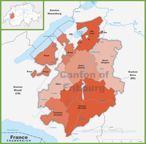 Canton of Fribourg district map - Ontheworldmap.com