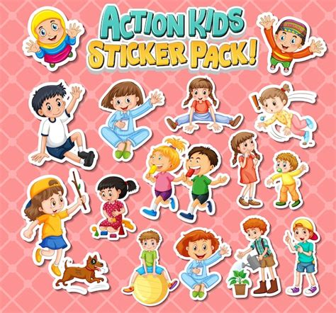 Free Vector | Set of stickers design with kids doing different activities