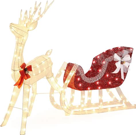 Yaheetech 4ft Lighted Christmas Reindeer & Sleigh Set, Light-up Xmas Santa Sleigh Outdoor Décor ...