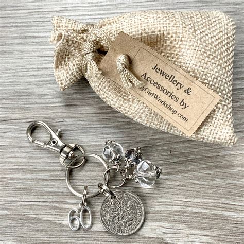 Diamond wedding anniversary gift, 60th Anniversary, Lucky 1960 sixpence keyring, Keychain or ...