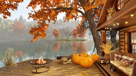 Autumn Cozy Lake House Porch in Rainy Morning with Bonfire, Relaxing Crickets and Fall Ambience ...