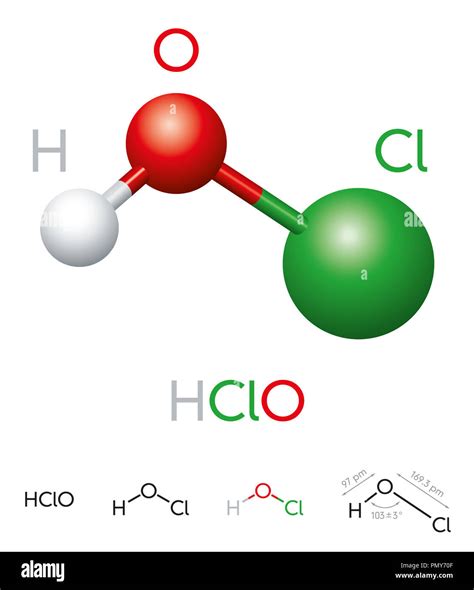 HClO. Hypochlorous acid. Molecule model, chemical formula, ball-and-stick model, geometric ...