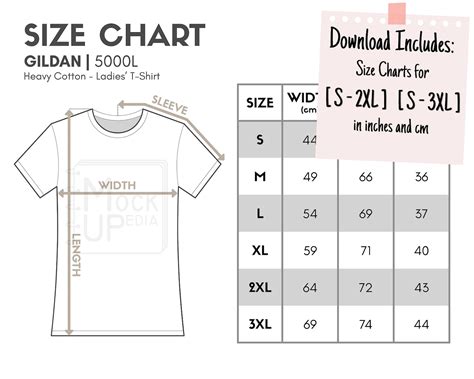 Gildan 5000L Ladies T-shirt Size Chart inches/cm Digital Size Chart ...