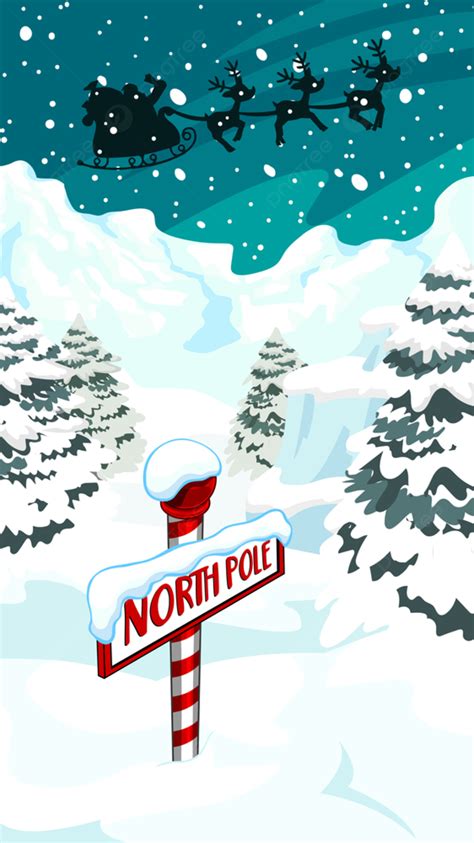 Signe Du Pôle Nord De Dessin Animé Avec Des Silhouettes Du Père Noël En Vol Avec Son Renne Fond ...