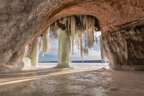 Grand Island Sea Cave With Ice Curtain In Winter, Munising Michigan ...