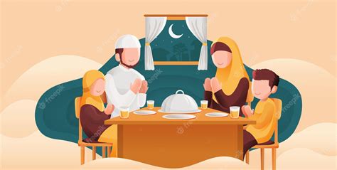 Premium Vector | Muslim family praying before having iftar or suhoor ...