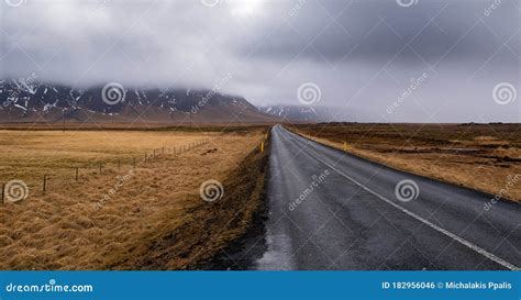 Highway Countryside Straight Empty Road and Snowy Mountains Iceland Stock Photo - Image of ...