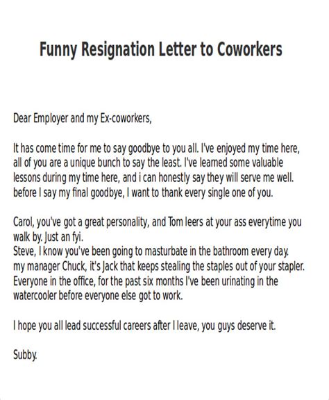 FREE 6+ Sample Funny Resignation Letter Templates in PDF | MS Word