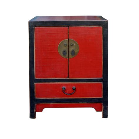 Chinese Distressed Black Red Lacquer End Table Nightstand Cabinet on Chairish.com | Red lacquer ...