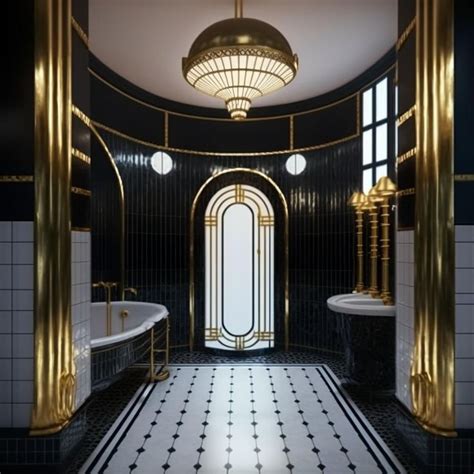 a black and white tiled bathroom with gold trim around the tub ...