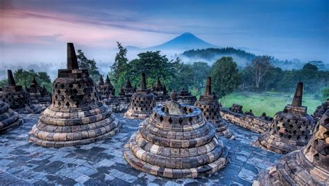 Borobudur, Indonesia, Sunrise, Statue, Buddhism, Forest, Mist, Mountain, Grass, World Heritage ...