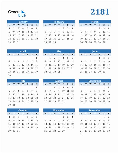 Free 2181 Year Calendar in PDF, Word, and Excel