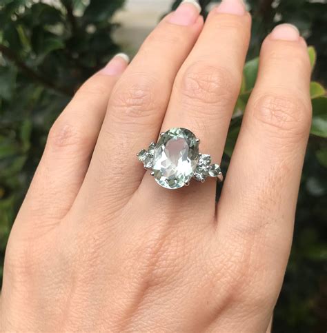 Genuine Oval Green Amethyst Engagement Ring- Large Natural Amethyst Solitaire Ring w/ Green ...