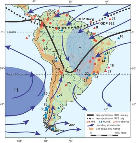 Map of the present-day summer and winter locations of the Intertropical ...